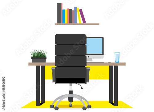 A workplace in a modern office. Cabinet. Creative workspace, office interior. Contemporary coworking center with computer. Colorful yellow vector illustration
