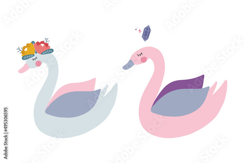 Cute swans in cartoon style on a white background. Vector illustration with a beautiful birds.