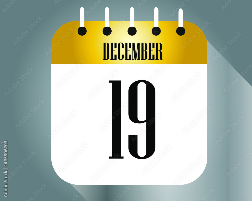 December day 19. Calendar icon on a white paper with golden color border on a gray background vector. December day 19. Calendar icon on a white paper with golden color border on a gray background vector.