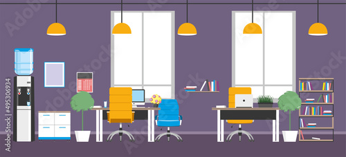 Modern open space. Empty office interior. Contemporary creative workplace. Co-working center. Dark cabinet