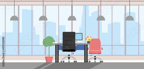 Modern open space. Empty office interior. Contemporary creative workplace. Co-working city center. Cabinet