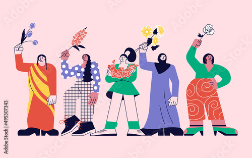 Card design concept of Women choose flowers in support of peace