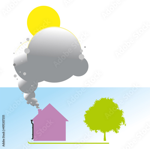 House on a green lawn next to a tree. A flat one-color purple house with smoke coming out of the chimney. Sunny day