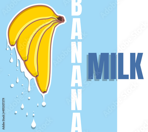 Banana milk flows from the fruit. Four bananas of different shapes on a blue background. Typography and vector fruits