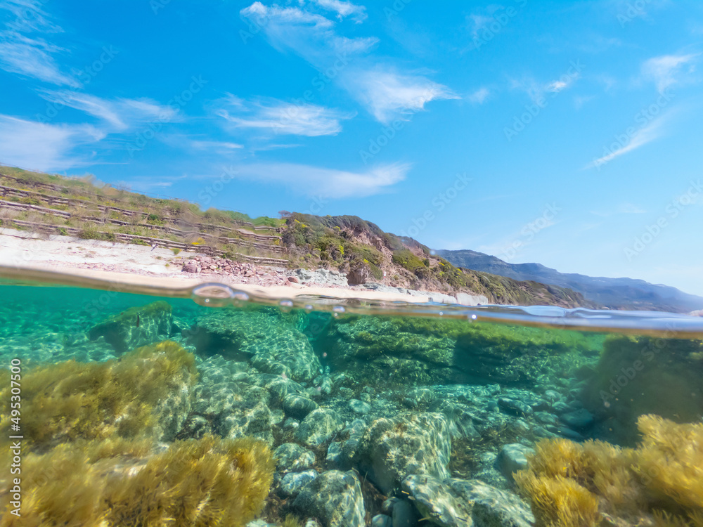 Split underwater view of La Speranza beach. turquoise water