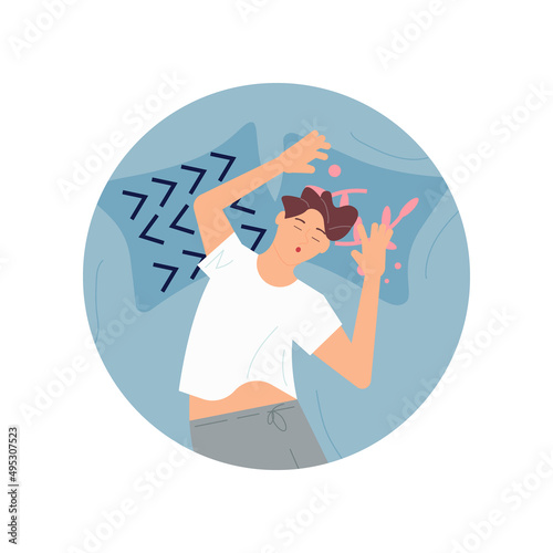 Round red template with Young man character is lying on back and sound asleep