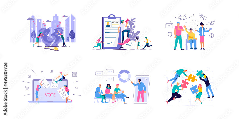 Set of office work, teamwork, Hiring employees, Mental rehabilitation concepts Set of office work, teamwork, Hiring employees, Mental rehabilitation concepts