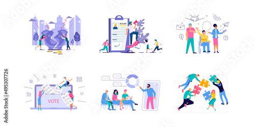 Set of office work, teamwork, Hiring employees, Mental rehabilitation concepts