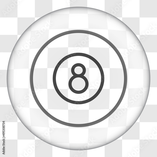 Billiard 8-ball simple icon. Flat desing. Glass button on transparent grid