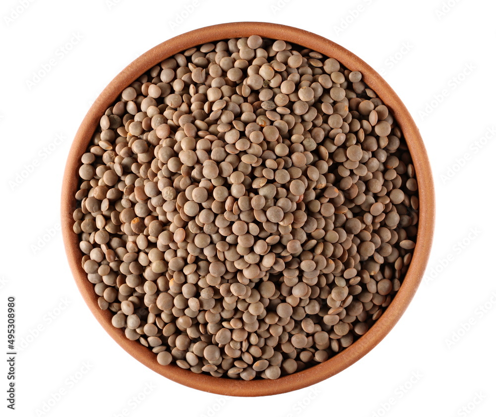 Brown uncooked lentils in clay pot isolated on white Brown uncooked lentils in clay pot isolated on white