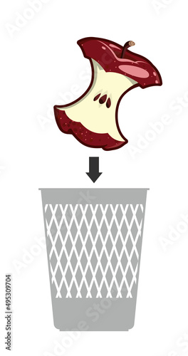 Red apple core flies into the trrash can. The half-eaten l apple is thrown into the trash. Throw out waste. Vector isolated on a white background.