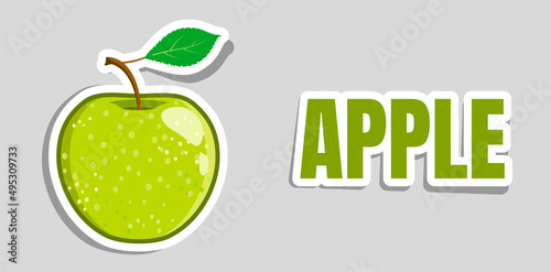 Green vector apple sticker. Juicy fruit isolated on grey background with shadow. Granny Smith.