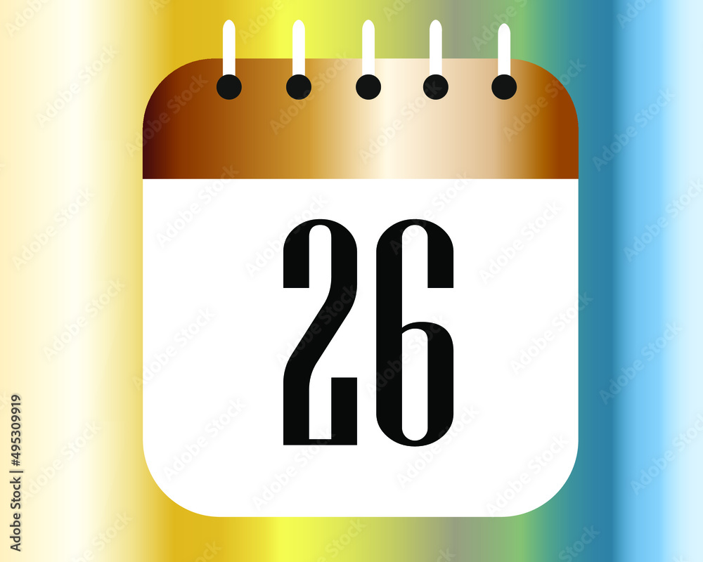 Calendar icon 26 on a white paper with bronze color border on a spectral background vector.