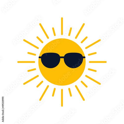 Yellow sun in glasses uv protection icon, sunblock, eye protection from sunshine and solar burn. Circle full sun and sunlight. Hot solar energy. Vector sign