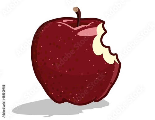 A bitten red vector apple. Juicy fruit isolated on white background.