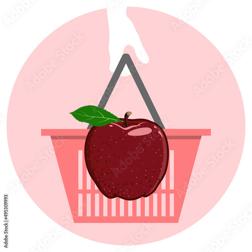 Red vector apple with a leaf in a grocery basket. Juicy fruit isolated on pink.