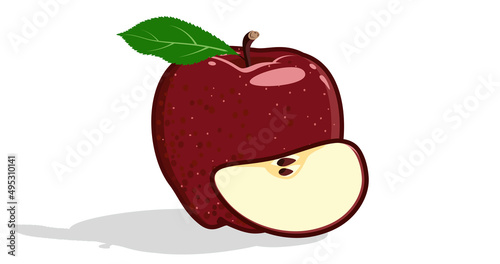 Red apple and cut slice. Juicy fruit served for eating.