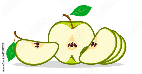 Apple green slices. Sliced juicy apple. The fruit lies on a white surface and casts a shadow.