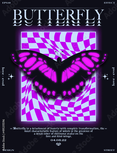 Modern abstract poster butterfly . In Y2K style, stylish print for streetwear, print for t-shirts and hoodies, isolated on black background