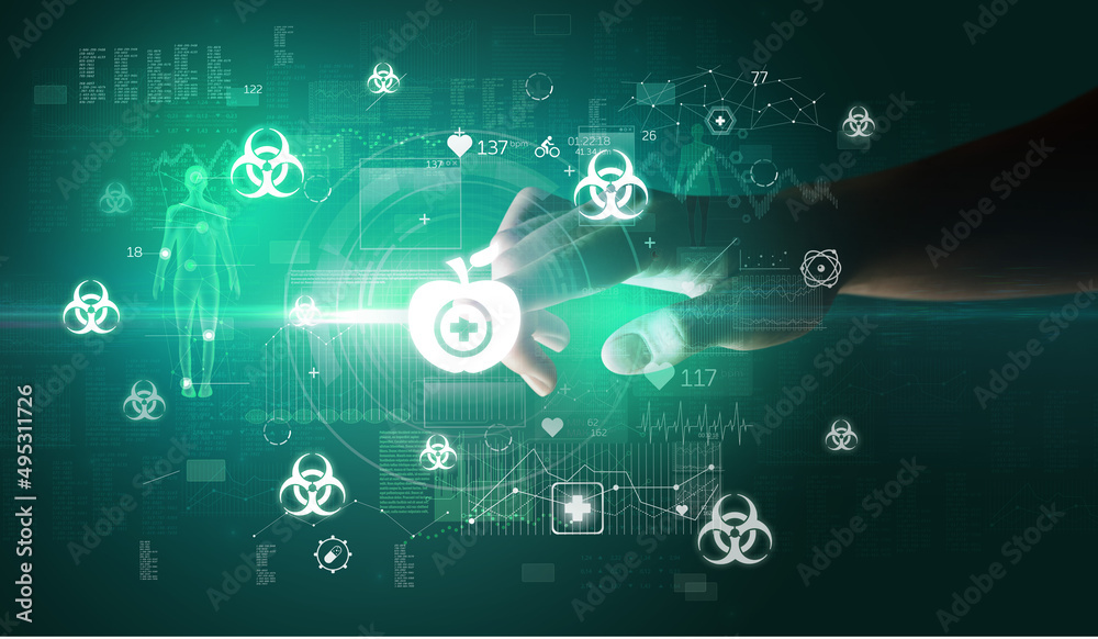 Doctor hand pressing futuristic health device with medical symbol on screen Doctor hand pressing futuristic health device with medical symbol on screen