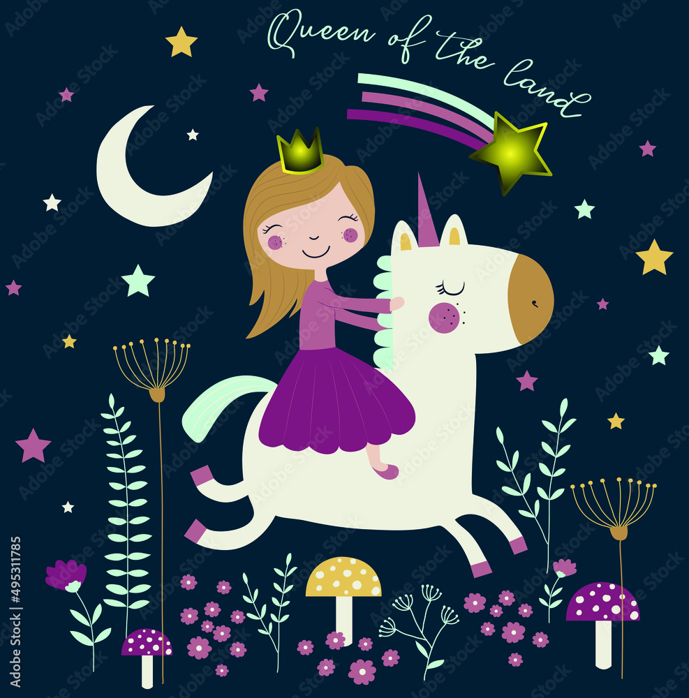 In the moonlight, fairytale vector illustration. Use for baby t-shirt print, fashion print design, kids wear, baby shower, celebration, greeting and invitation.