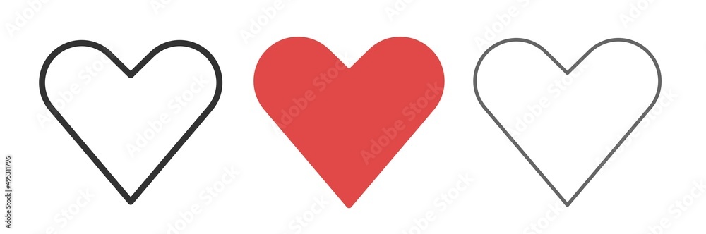Heart icon set. Live stream video, chat. Social nets red heart web buttons isolated on white background. Valentines Day.