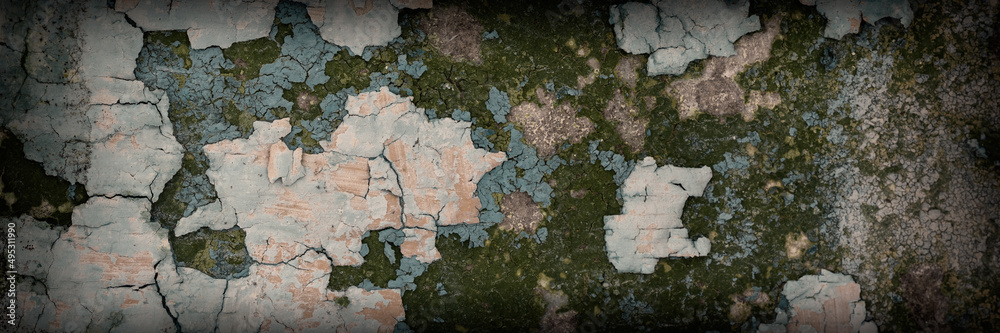 Fototapeta premium Peeling paint on the wall. Panorama of a concrete wall with old cracked flaking paint. Weathered rough painted surface with patterns of cracks and peeling. Wide panoramic grunge texture for background