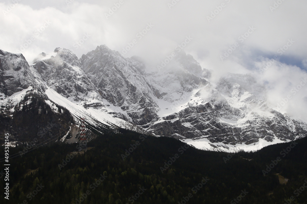 The view of Zugpitze mountain from Eibsee lake in Garmisch-Partenkirchen, Bavaria, Germany