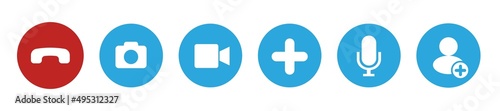 Video call icons set. Web application buttons in flat design. Isolated web elements. Video calling conference interface design.