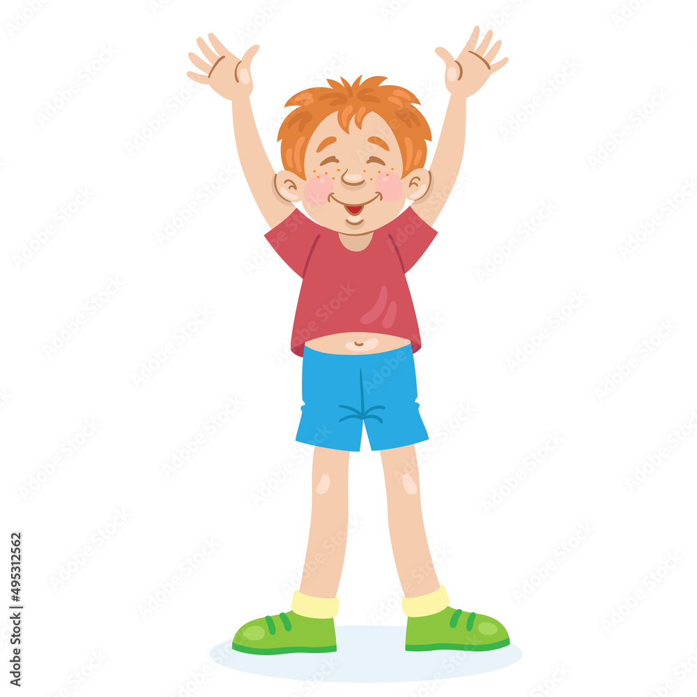 Little funny boy stands with his hands up. In cartoon style. Isolated on white background. Vector illustration. Little funny boy stands with his hands up. In cartoon style. Isolated on white background. Vector illustration.