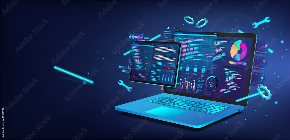 Software with UI design and development for different devices. Programming code on 3D laptop and 3D tablet. Software development and programming concept. App, testing platform, coding process. Vector - obrazy, fototapety, plakaty 