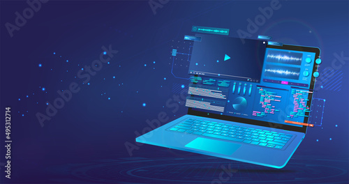 Make video content on 3D laptop with UI. Concept webinar, training, online promotion, conference, mounting, working online using a 3D laptop. Creation of videos and editing. Blue vector illustration