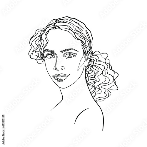 Beautiful caucasian woman. Graphic outline portrait of young curly lady. Sketching isolated illustration on white background.