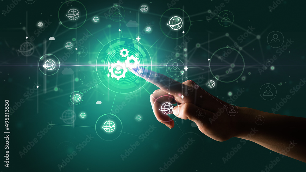 Businessman hand pressing stock graphic information on multitouch screen Businessman hand pressing stock graphic information on multitouch screen