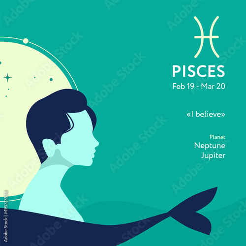 Male Pisces astrological sign illustration with man silhouette and fish tail. Zodiac sign, icon with horoscope text