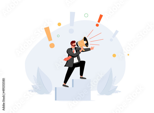 Announcements and big news loud message notification tiny person concept. Shouting important, urgent public information