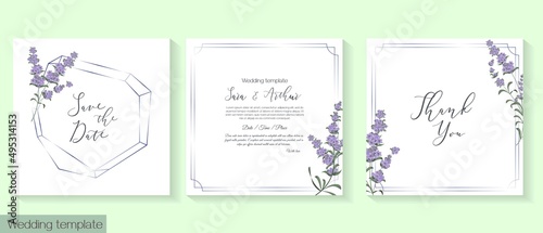 Vector floral template for wedding invitation. Delicate lavender  golden frames
