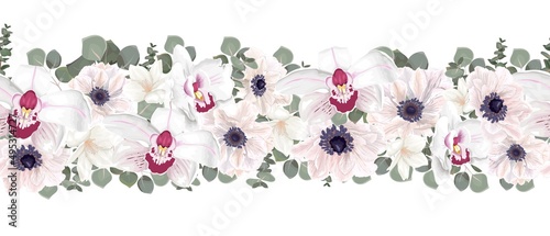 Seamless vector border pattern. White anemones, pink orchid, eucalyptus, white magnolia, green plants and leaves. Elements for wedding design