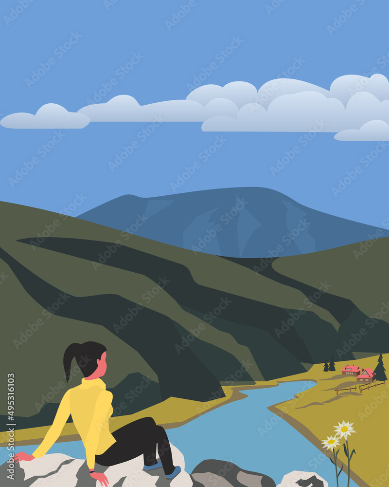 Girl traveler sitting on cliff looking at mountain valley from height. Nature trips, discovery, hiking, adventure tourism female travel. Green mounts scenic view flat vector illustration background
