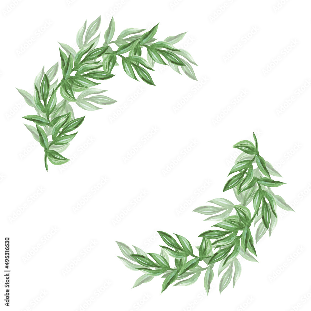Obraz premium A botanical frame framed by branches in a circle. A wreath of green branches with leaves, laconic, watercolor style.
