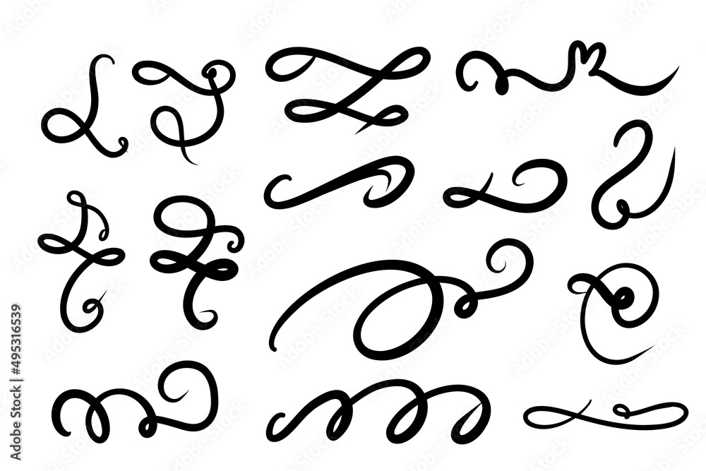 Set of hand drawn Swirls, lettering and calligraphy decoration, squiggles. Vector ink swirl and freeform swoop Set of hand drawn Swirls, lettering and calligraphy decoration, squiggles. Vector ink swirl and freeform swoop