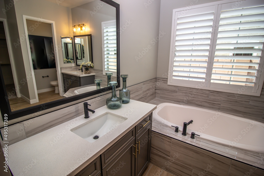 Master Bathroom With Dual Vanities And Bath Tub Master Bathroom With Dual Vanities And Bath Tub