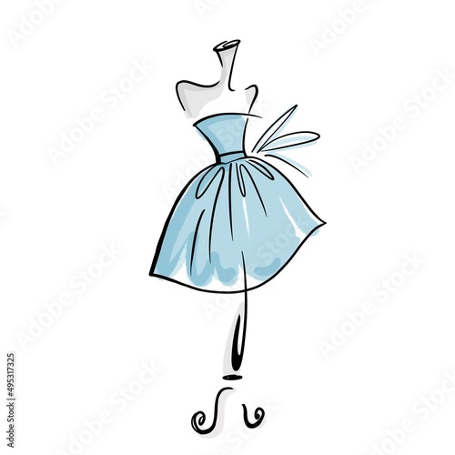 Illustration, blue dress with a bow on a mannequin. Logo, symbol, silhouette.