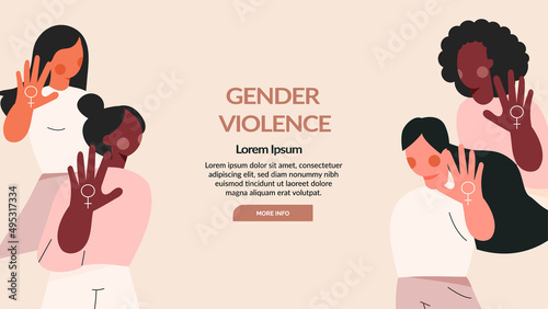 Women power protest against gender violence and harassment. Girls diverse team show stop gesture. Female community, sisterhood. Cartoon flat vector illustration, web banner template, landing page