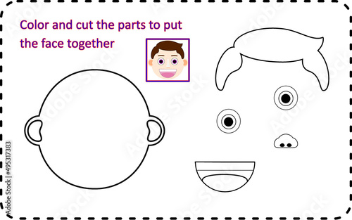 Cut and paste activity for kids. Coloring page for children. Cut and paste to put the face together. 