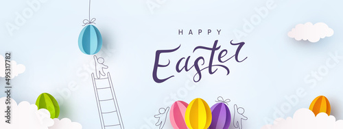Easter banner with paper colorful eggs on sky blue background. 3d festive postcard. Vector greeting card template