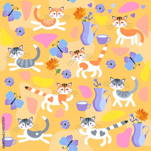 Cheerful colorful background with cute cartoon cats, flowers, butterflies, jugs, cups. Seamless fabric print for kids in vector. Bed linen, clothes, curtain. Chinese New Year. 2023.