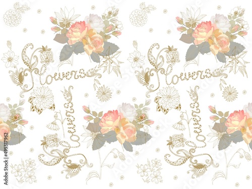 Romantic seamless floral print for fabric, wallpaper with bouquets of roses, garden flowers hand drawn in golden outline and beautiful "Flower" lettering on a white background. Elegant natural pattern