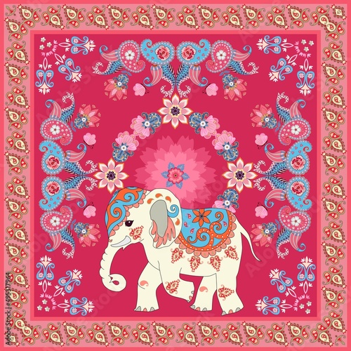 Luxurious ethnic style print with a cute cartoon baby elephant and rich paisley and flower ornaments on a crimson background. A wonderful pattern for scarf, pillow, carpet, napkin. Indian, Thai motif.