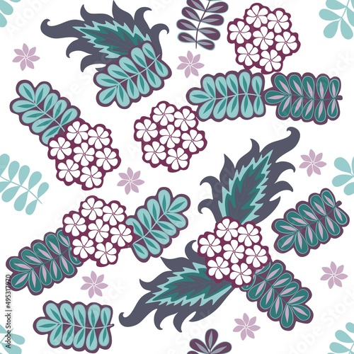 Seamless summer pattern with inflorescences of small white flowers on a burgundy background and large leaves on a white background in vector. Beautiful fabric print.